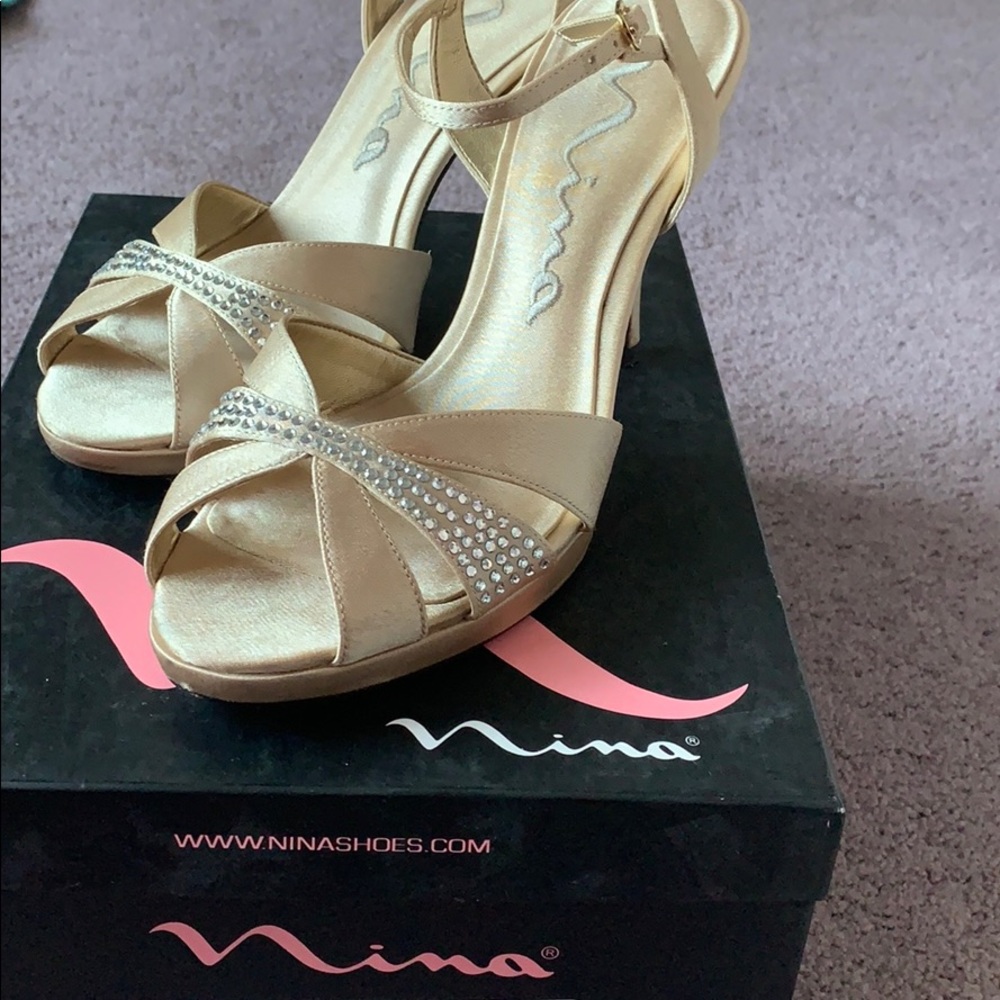 Nina Gold Royal Satin heels with crystal detail